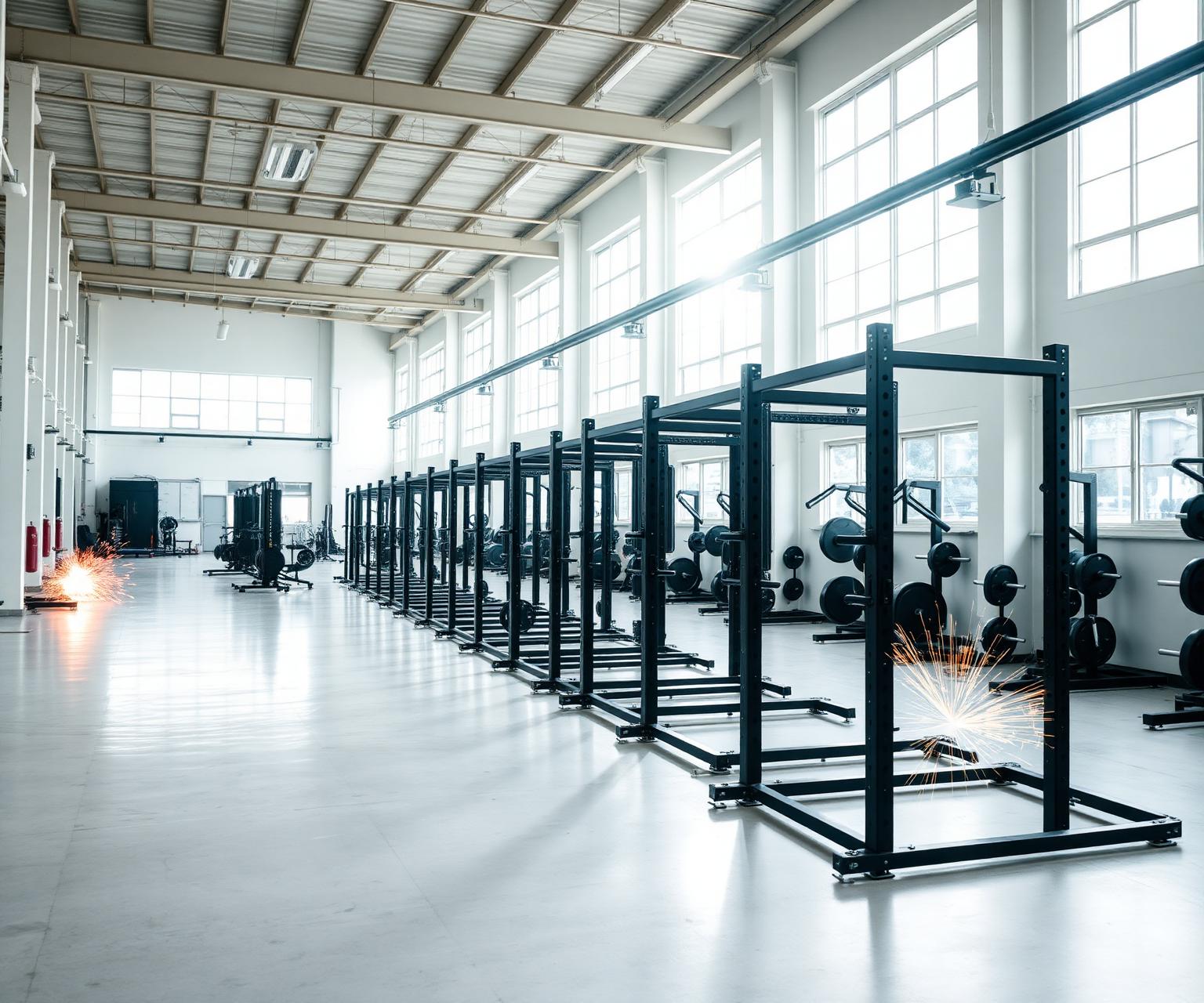 FocusFit MFG factory floor with welding sparks and matte black power racks